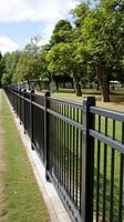 A black fence is in the middle of a park photo
