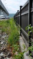 A black fence with plants growing on it photo