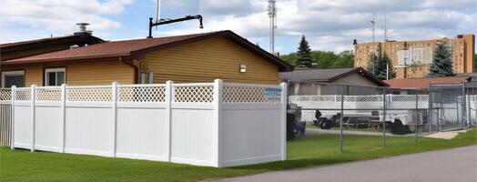 A white fence is in front of a house photo