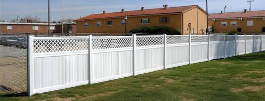 A white fence with a lattice pattern on it photo