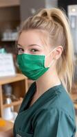 A woman wearing a green surgical mask photo