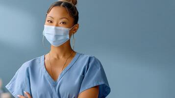 A woman in scrubs wearing a surgical mask photo