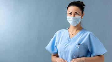 A woman in scrub clothes with a surgical mask photo