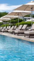 The pool at the resort is lined with lounge chairs and umbrellas photo
