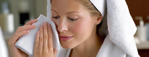 A woman in a towel is wiping her face photo