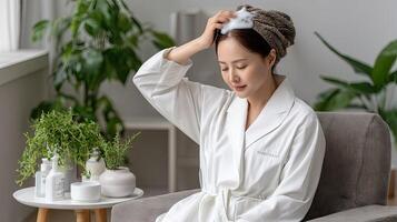 A woman in a robe is sitting on a chair and brushing her hair photo