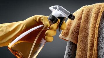 A person in a yellow glove is holding a spray bottle photo