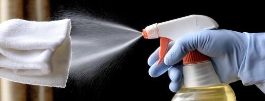 A person in a glove spraying a towel with a spray bottle photo