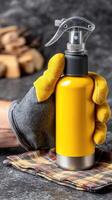 A person wearing gloves holding a spray bottle photo