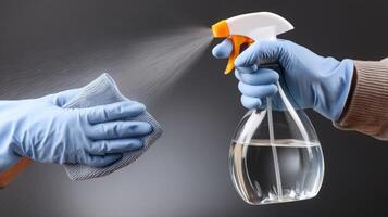 Hand in blue gloves spraying water on glass bottle photo