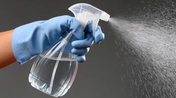 A person in blue gloves is spraying water on a glass bottle photo