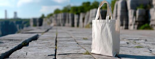 A white bag sitting on a stone ledge photo
