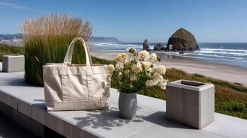 A canvas bag sitting on a bench near the ocean photo