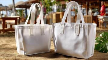 Two white bags sitting on the beach near the ocean photo