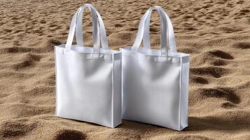 Two white shopping bags sitting on the sand photo