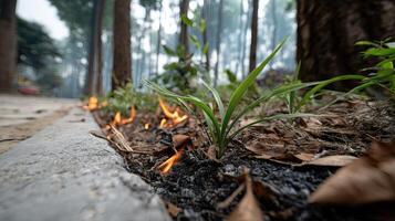 A fire burns in the ground near trees photo