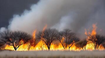 A fire is burning in the grass and trees photo