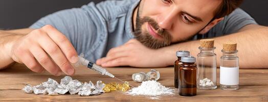 A man laying on a table with pills and other items photo