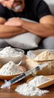 A man sits in front of a bowl of flour and a syringe photo