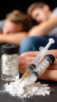 A person is sleeping in a bed with a syringe and pills photo