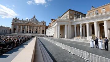The pope and his entourage are standing in front of the vatican photo