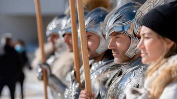 A group of people dressed in armor and holding spears photo