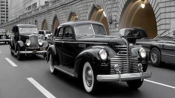 1940s vintage cars driving down a city street photo