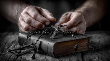 Hands holding rosary and bible on wooden table photo