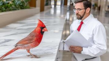 A man in a white shirt and tie standing next to a red bird photo