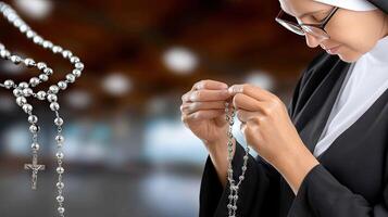 A nun in a black robe is holding a rosary photo