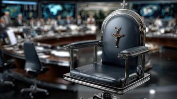 A chair in front of a large conference table photo