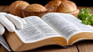 Bible and bread on wooden table photo