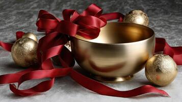 Golden eggs and a cup with red ribbon photo