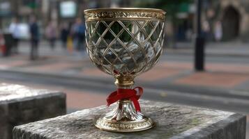 A gold and red goblet sitting on a stone ledge photo