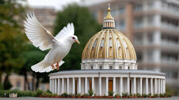 A white dove flying over a model of a dome photo