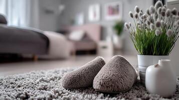 A pair of slippers and a vase of flowers on a rug photo