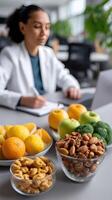A woman sitting at a desk with a bowl of fruit and nuts photo