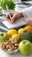 A woman writing on a notepad with a bowl of fruit and nuts photo