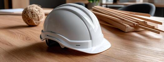 A hard hat sitting on a table in front of a wooden desk photo