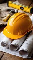 Construction and building materials on a wooden table photo