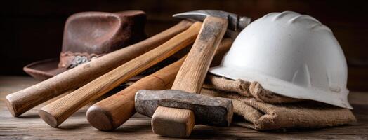 A hat, a hammer, and a wooden hat on a wooden table photo