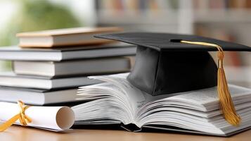 A graduation cap sits on top of an open book photo