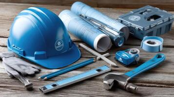 Construction tools and equipment on a wooden table photo