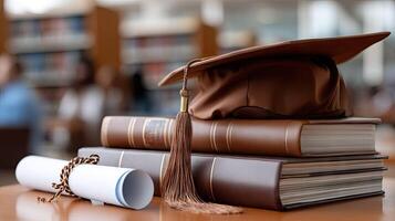 A graduation cap and diploma on top of books photo