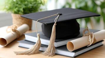 A graduation cap, diploma and scrolls on a table photo