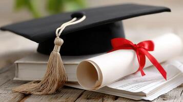 A graduation cap, diploma and a scroll on a wooden table photo