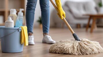 A woman is cleaning a floor with a mop and bucket photo