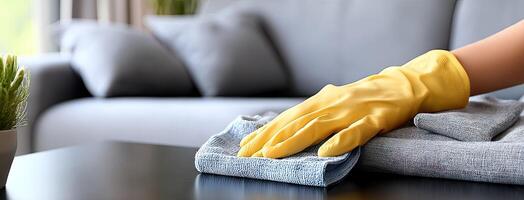 A person wearing yellow gloves cleaning a couch photo
