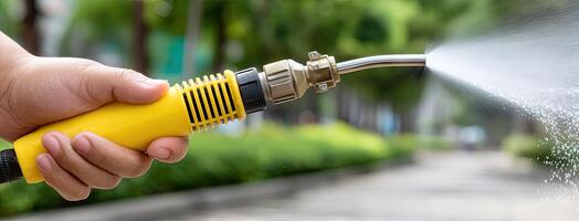A person is spraying water from a hose on a street photo