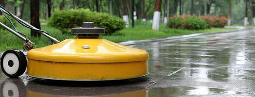A yellow machine is cleaning the pavement photo